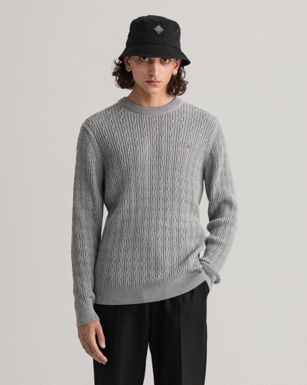 Gant Cotton Cable Crew Neck Men's Cable Knit Jumpers Grey | y5awCm9M8lb