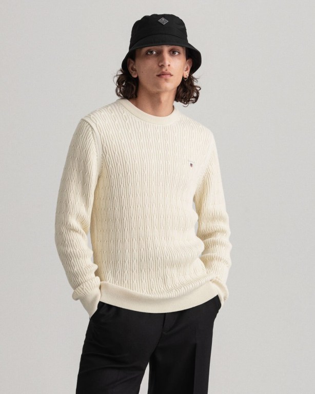 Gant Cotton Cable Crew Neck Men's Crewneck Jumpers Cream | YYH9Udk7c4M