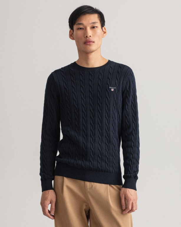 Gant Cotton Cable Crew Neck Men's Crewneck Jumpers Blue | wYieEMJQyyE