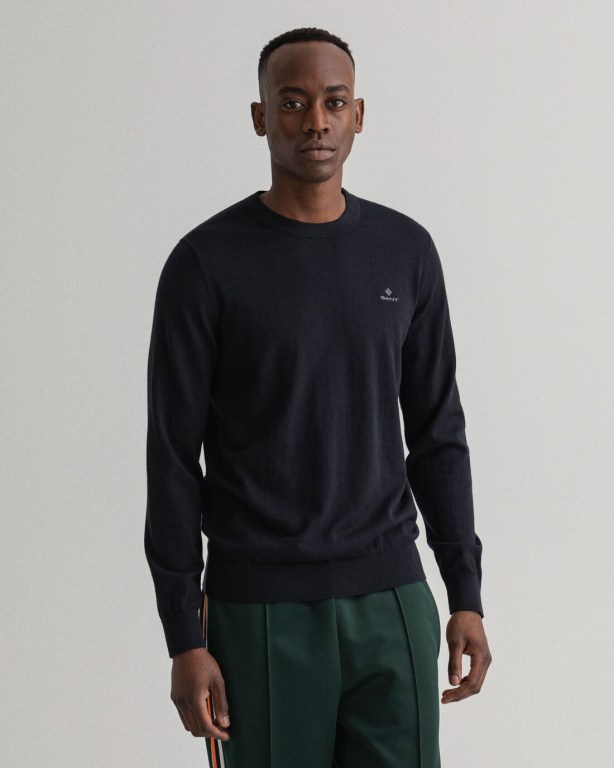 Gant Cotton Cashmere Crew Neck Men's Crewneck Jumpers Black | DzIDPtjFgnf