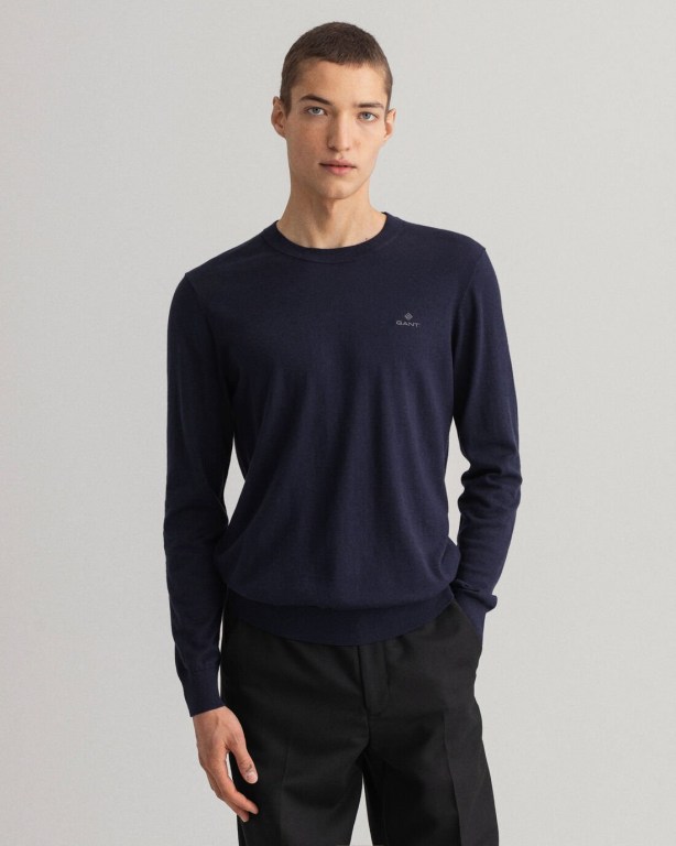 Gant Cotton Cashmere Crew Neck Men's Crewneck Jumpers Blue | UuUbHrQS6l4