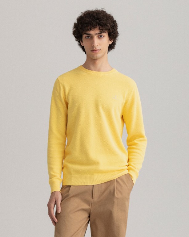 Gant Cotton Piqué Crew Neck Men's Crewneck Jumpers Yellow | 5tENHelKO9R