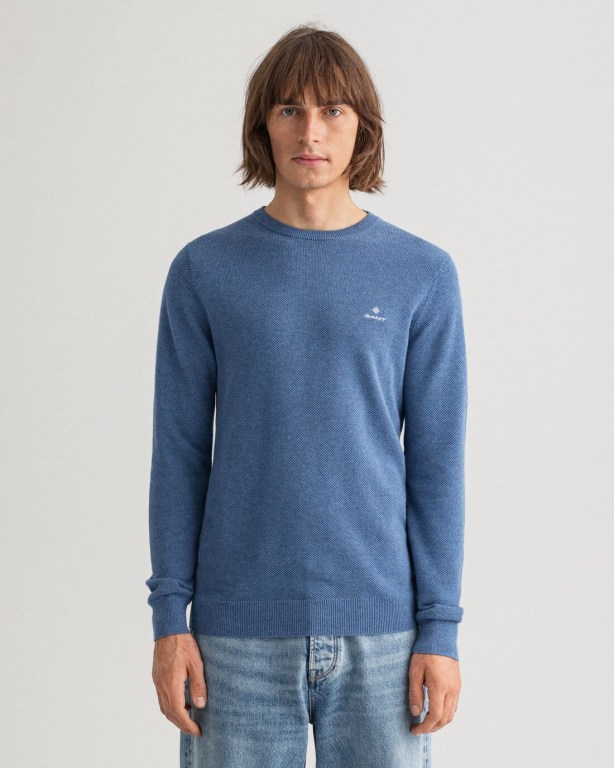 Gant Cotton Piqué Crew Neck Men's Crewneck Jumpers Blue | 6p5zYn2ZIwg