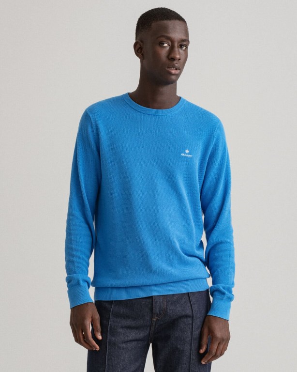 Gant Cotton Piqué Crew Neck Men's Crewneck Jumpers Blue | DTeitidc0Jc