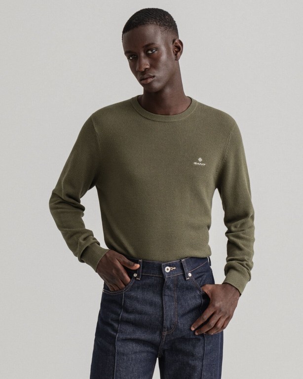 Gant Cotton Piqué Crew Neck Men's Crewneck Jumpers Green | GwjUMPnpzih