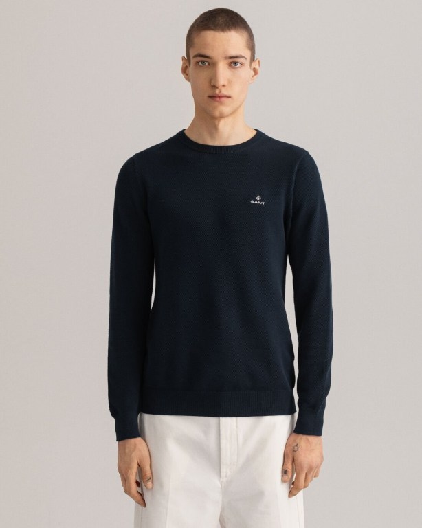 Gant Cotton Piqué Crew Neck Men's Crewneck Jumpers Blue | H9MLzqjf2tG