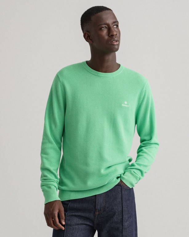 Gant Cotton Piqué Crew Neck Men's Crewneck Jumpers Green | OgVafjVil1z