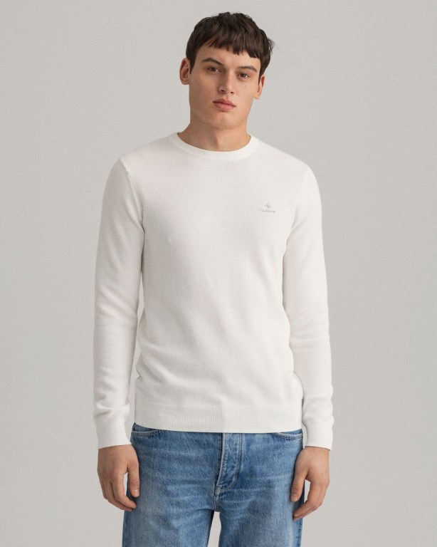 Gant Cotton Piqué Crew Neck Men's Crewneck Jumpers White | lJxplLeTV5g