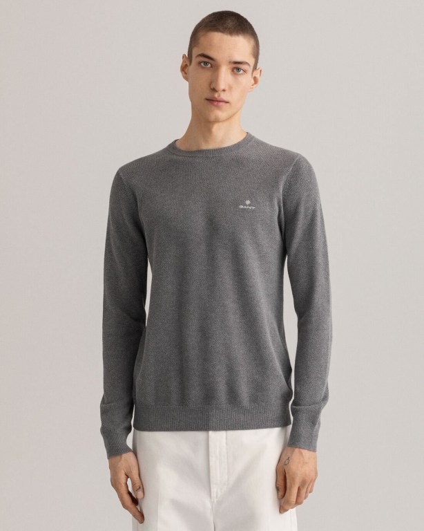 Gant Cotton Piqué Crew Neck Men's Crewneck Jumpers Dark Grey | pg7Y4QMPUYK