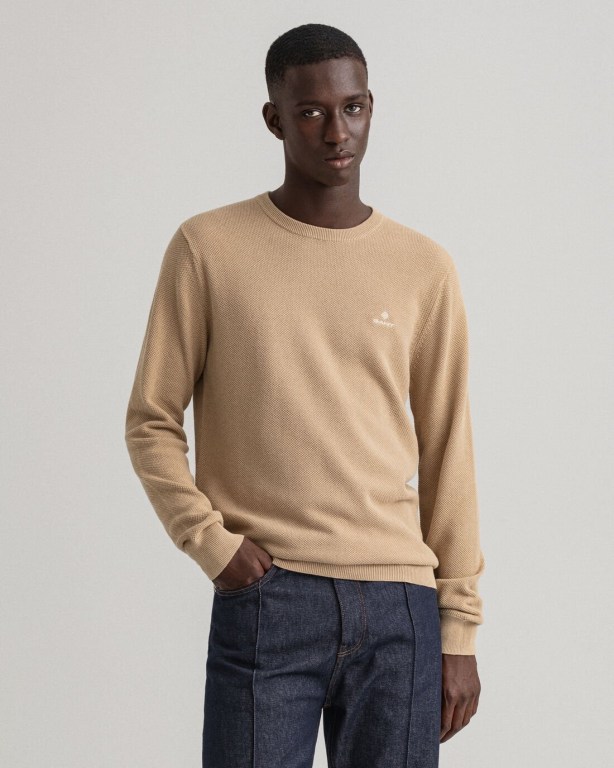 Gant Cotton Piqué Crew Neck Men's Crewneck Jumpers Dark Khaki | sWnHEuIjIx4