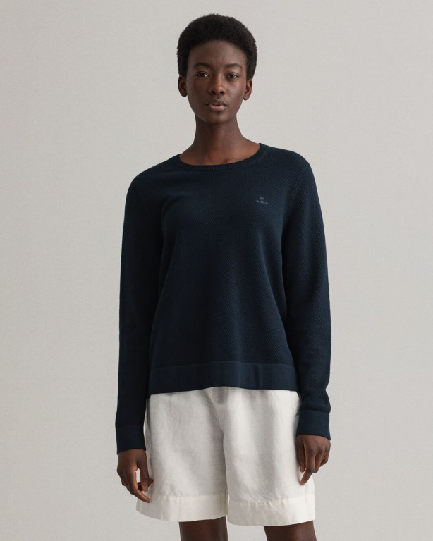 Gant Cotton Piqué Crew Neck Women's Crew Neck Jumpers Blue | jEvMUa0jSAt