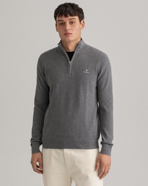 Gant Cotton Piqué Men's Half Zip Jumpers Dark Grey | 4sZOfpjNe3u