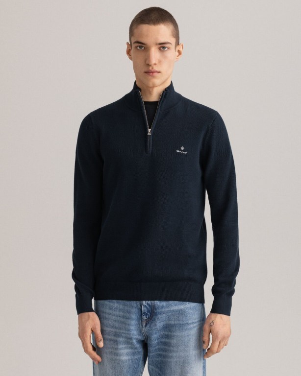 Gant Cotton Piqué Men's Half Zip Jumpers Blue | eEFaKT8rnmB