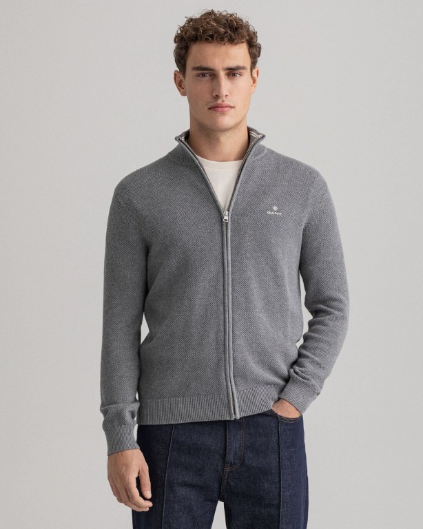 Gant Cotton Piqué Zip Cardigan Men's Full Zip Jumpers Dark Grey | dlA1ccxtdME