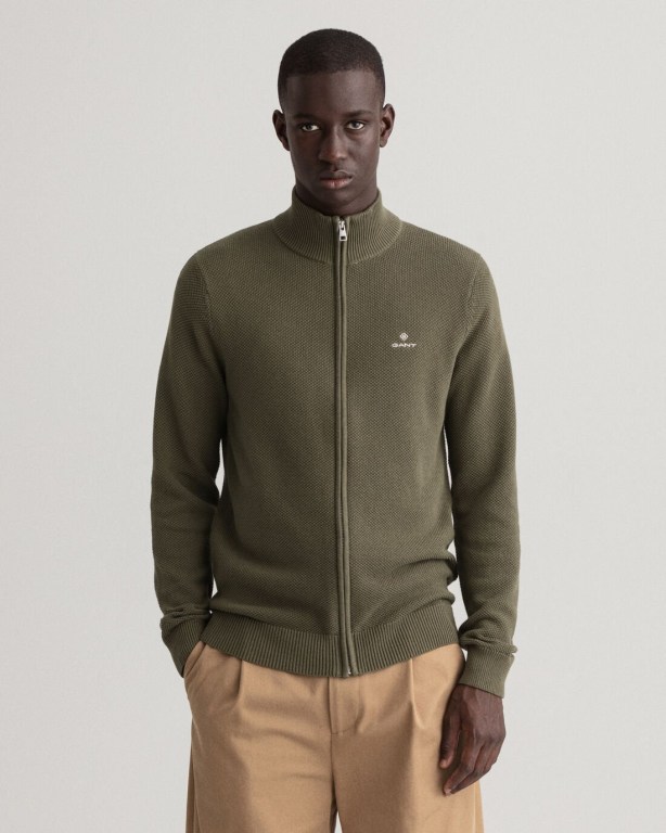 Gant Cotton Piqué Zip Men's Cardigans Green | k6DFJqyRoPK