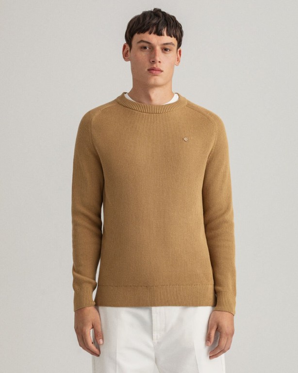 Gant Cotton Rib Crew Neck Men's Crewneck Jumpers Beige | NRJoiYIBd7v