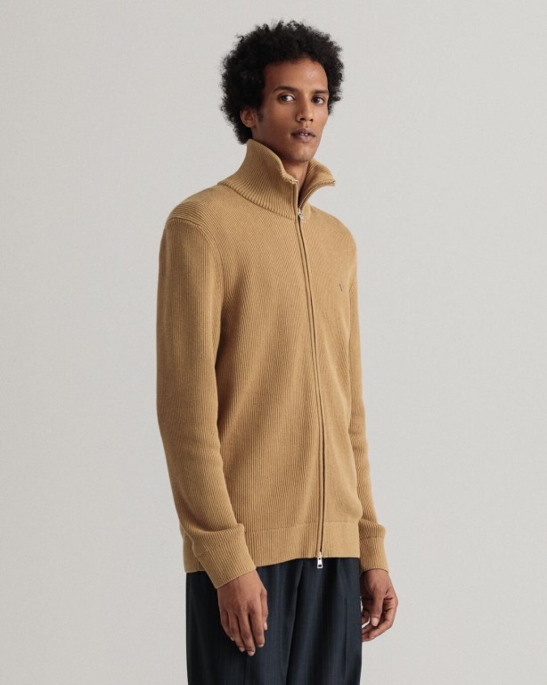 Gant Cotton Rib Full-Zip Men's Full Zip Jumpers Beige | YEl2RJEDxlk