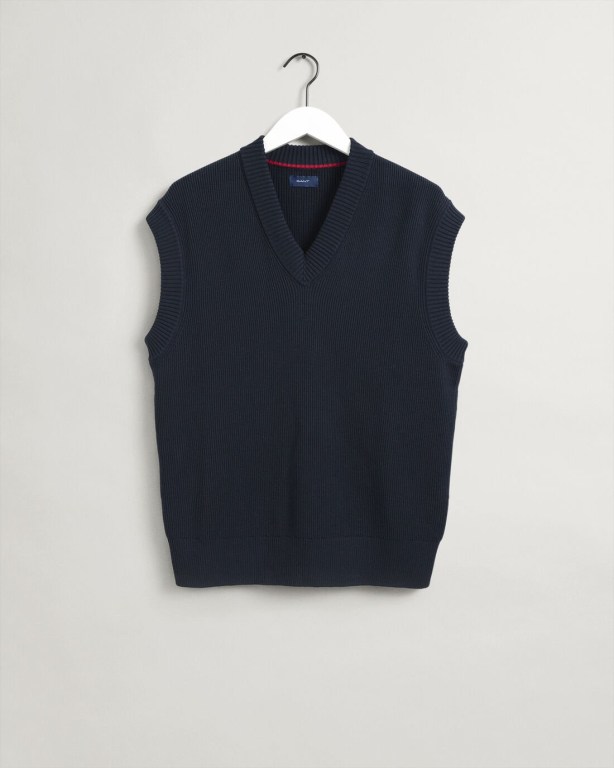 Gant Cotton Rib Sweater Men's Vest Blue | g71XwQMi6AF