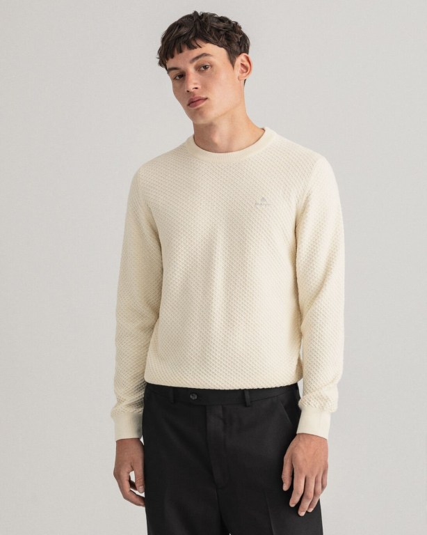 Gant Cotton Texture Crew Neck Men's Crewneck Jumpers Cream | Hg6fdDDMgZY