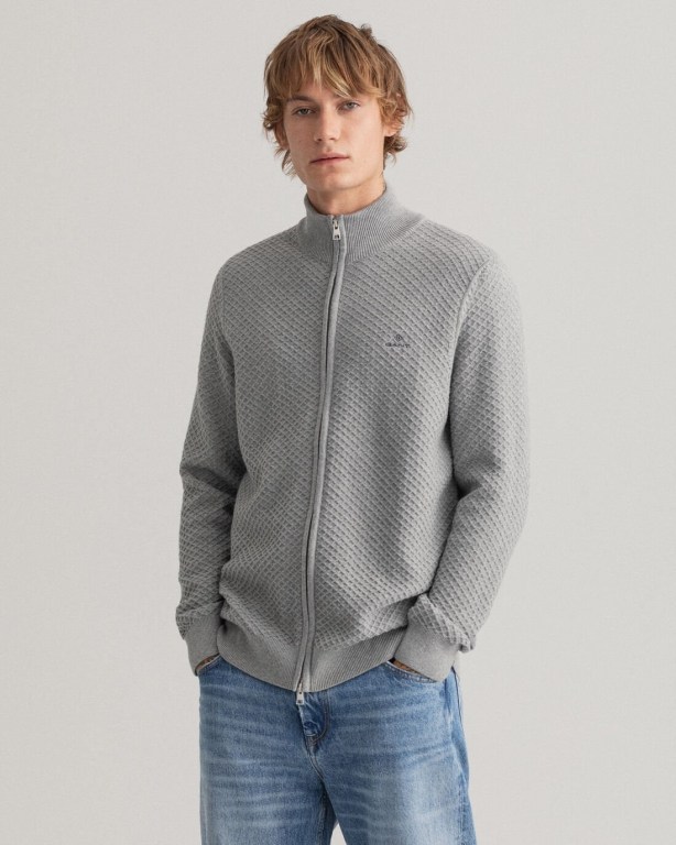 Gant Cotton Texture Full-Zip Men's Full Zip Jumpers Grey | bB6lsVrYXmj