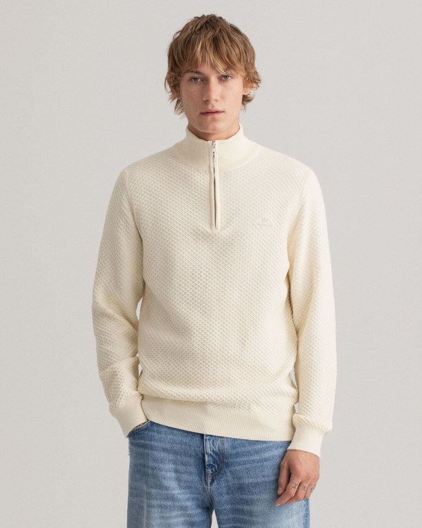 Gant Cotton Texture Men's Half Zip Jumpers Cream | 8otuIa9EHgL