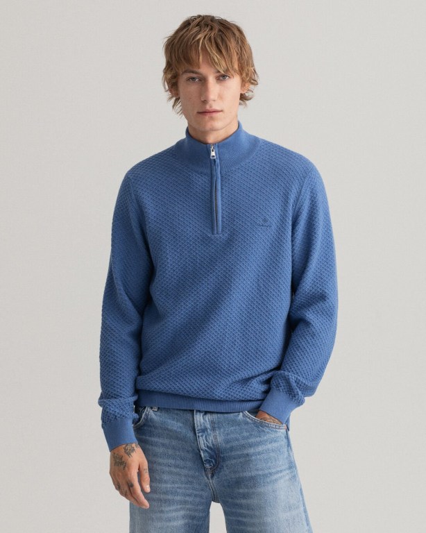 Gant Cotton Texture Men's Half Zip Jumpers Blue | IBeP22oGXjq