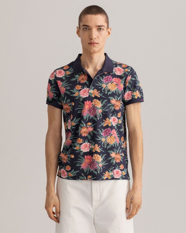 Gant Dahlia Print Piqué Men's Polo Shirts Blue | zHWPbv8vO2F