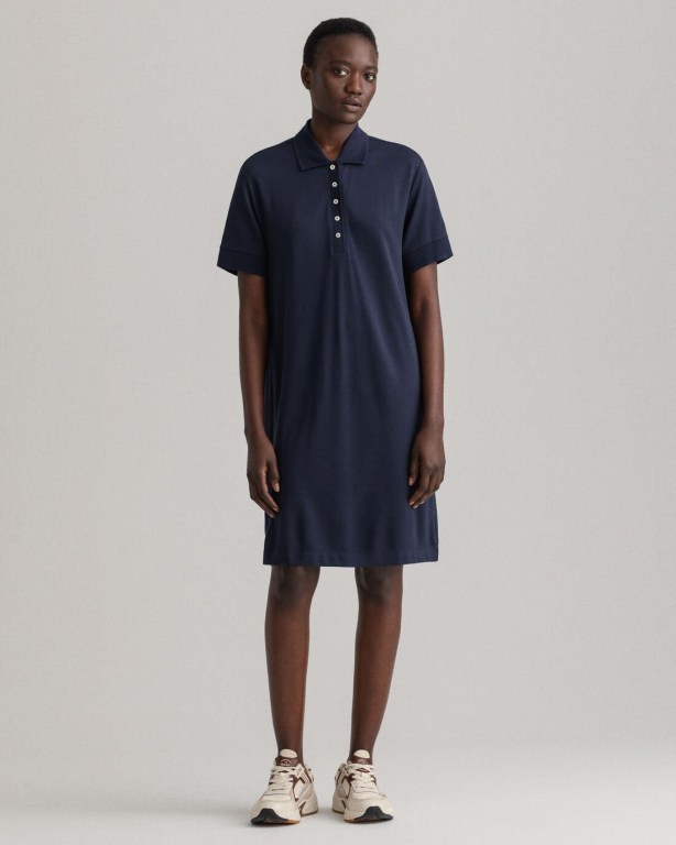 Gant Detail Collar Piqué Polo Women's Dresses Blue | CcDnDEFtRvj