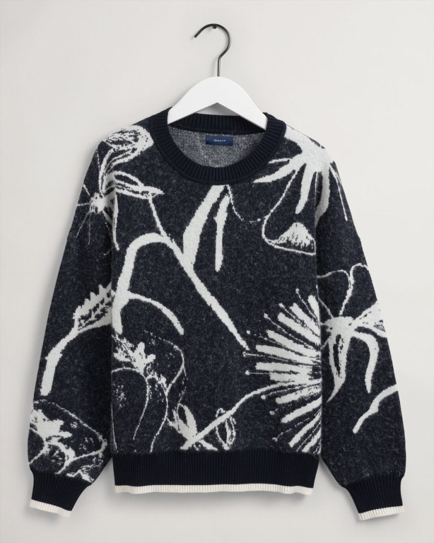 Gant Flower Intarsia Crew Neck Women's Crew Neck Jumpers Blue | EtSQVNTiLst