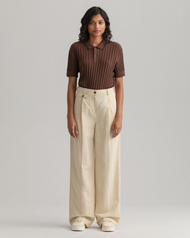 Gant High-Waisted Linen Blend Wide Leg Women's Pants Beige | HabyxLTy1JR