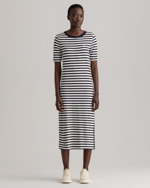 Gant Icon G Striped Jersey Women's Dresses Blue | 2IH6FISk3C4