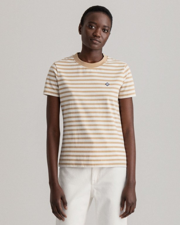 Gant Icon G Striped Women's T-shirts Dark Khaki | Nmf0MAQrYyp