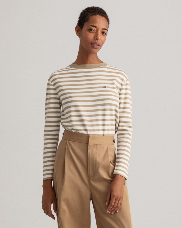 Gant Icon G Striped Women's T-shirts Dark Khaki | uQmpIF6uGI6