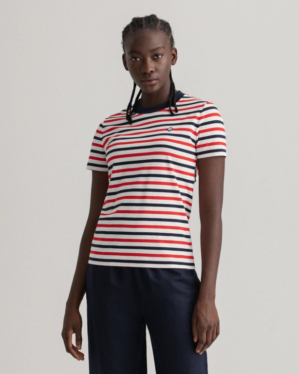 Gant Icon G Striped Women's T-shirts Light Red | EEt6vqNogwf