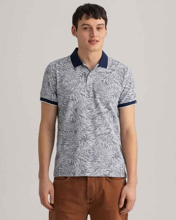 Gant Leaf Print Piqué Men's Polo Shirts Blue | FN3il1VEsI2