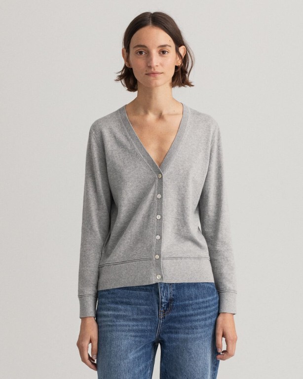 Gant Light Cotton Cardigan Women's V-neck Jumpers Grey | tmUlysODhV1