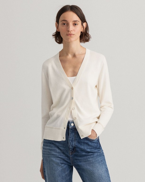 Gant Light Cotton V-Neck Women's Cardigans White | UHJFSJeCN6Q