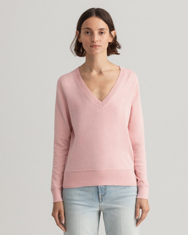 Gant Light Cotton Women's V-neck Jumpers Pink | UCnwMks9FfZ