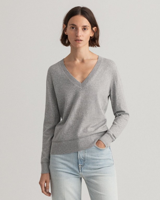 Gant Light Cotton Women's V-neck Jumpers Grey | USFKqXxhBVe