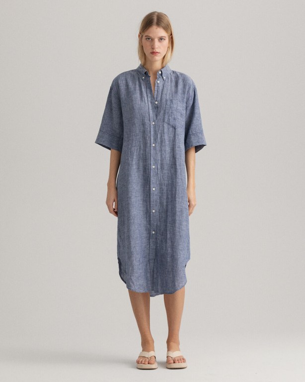 Gant Linen Chambray Shirt Women's Dresses Blue | 9Tv51mNSaT7