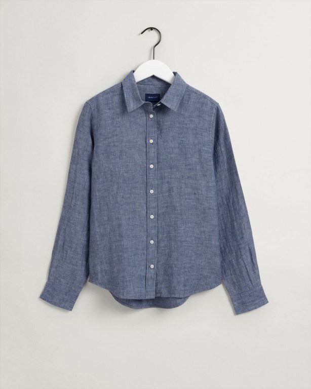 Gant Linen Chambray Women's Shirts Blue | oCaebucdxS6