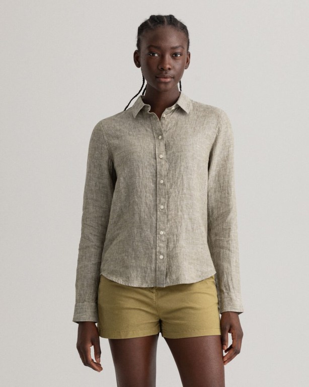 Gant Linen Chambray Women's Shirts Green | n16cVnelHbk