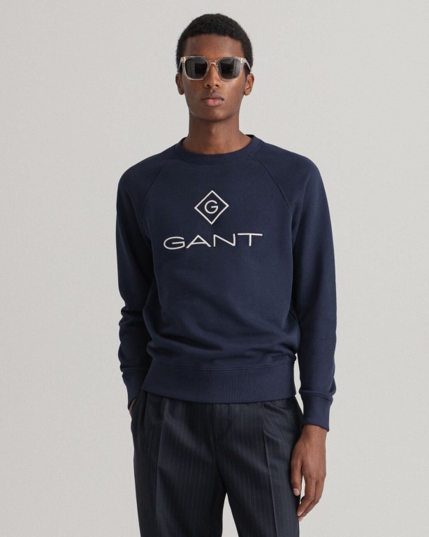 Gant Logo Crew Neck Men's Sweatshirts Blue | 1uggTrwXiBo