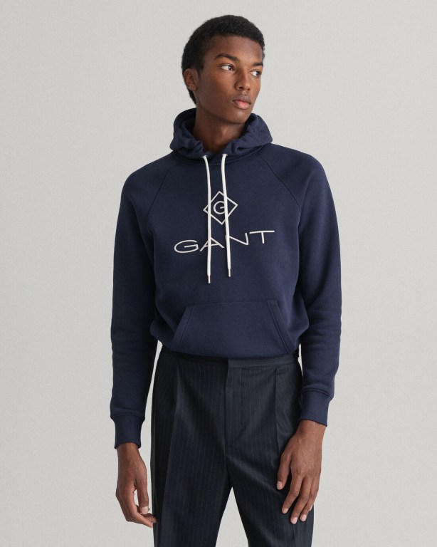 Gant Logo Men's Hoodies Blue | 0fHjuYzQG9B