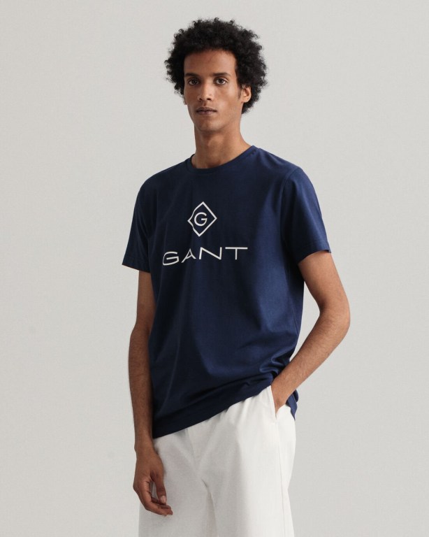 Gant Logo Men's T-shirts Blue | 09ILqOG3Oli