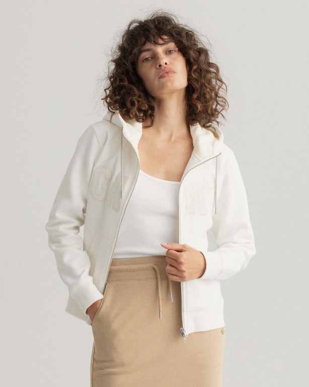 Gant Logo Zip Women's Hoodies White | KYNWsyofZSZ