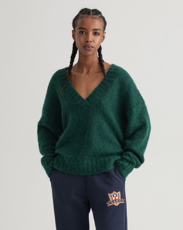 Gant Mohair Women's V-neck Jumpers Brown Green | cu9iMC53q97