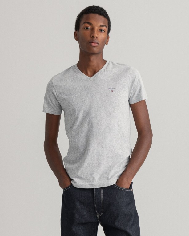 Gant Original Slim Fit V-Neck Men's T-shirts Light Grey | VPFw0p7mMuS