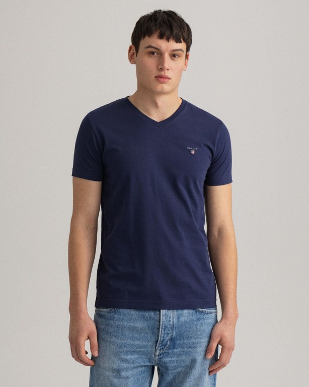 Gant Original Slim Fit V-Neck Men's T-shirts Blue | eYpuEP2Ys3a