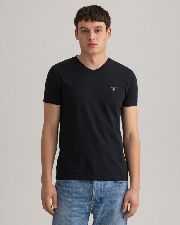 Gant Original Slim Fit V-Neck Men's T-shirts Black | ps1WzpneFlw